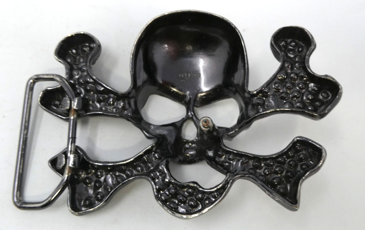 Skull Crossbones Black Chrome Rhinestone Covered Gothic Metal Punk Fits 1.5 Belt