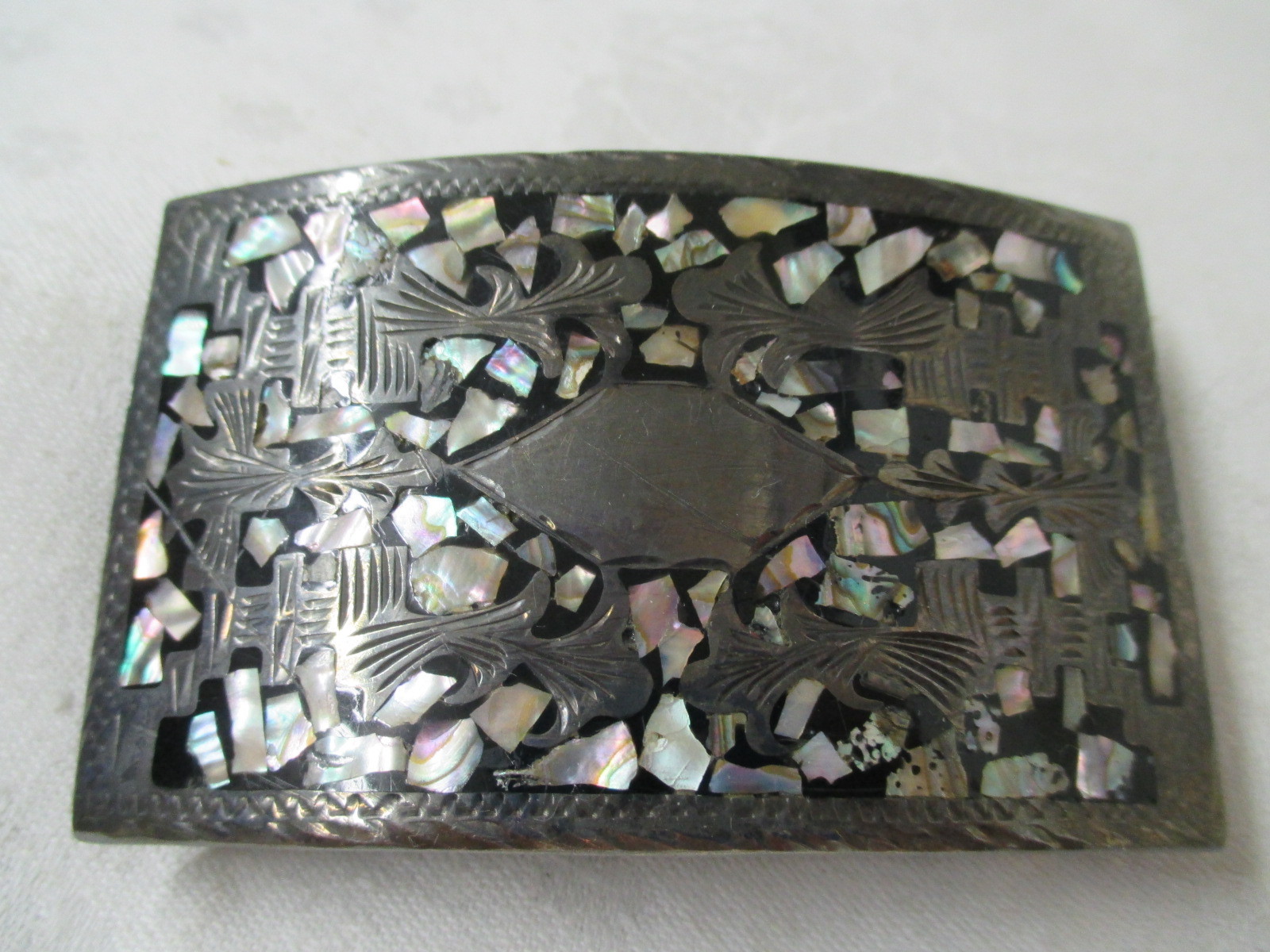 Vintage Guad Mexico Sterling 925 Belt Buckle Mother of Pearl mosaic Signed AOR