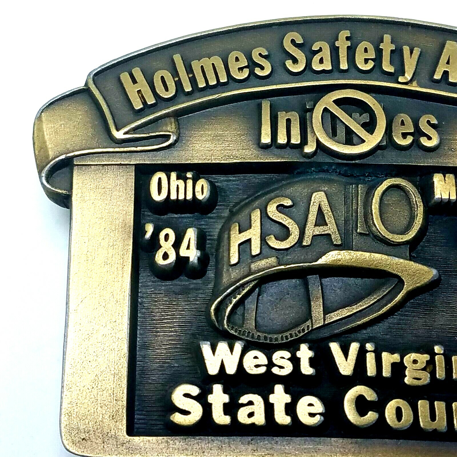 1987 HOLMES SAFETY ASSOCIATION BRASS MINING BELT BUCKLE 3 1/2&Prime; x 2 1/2&Prime; EUC
