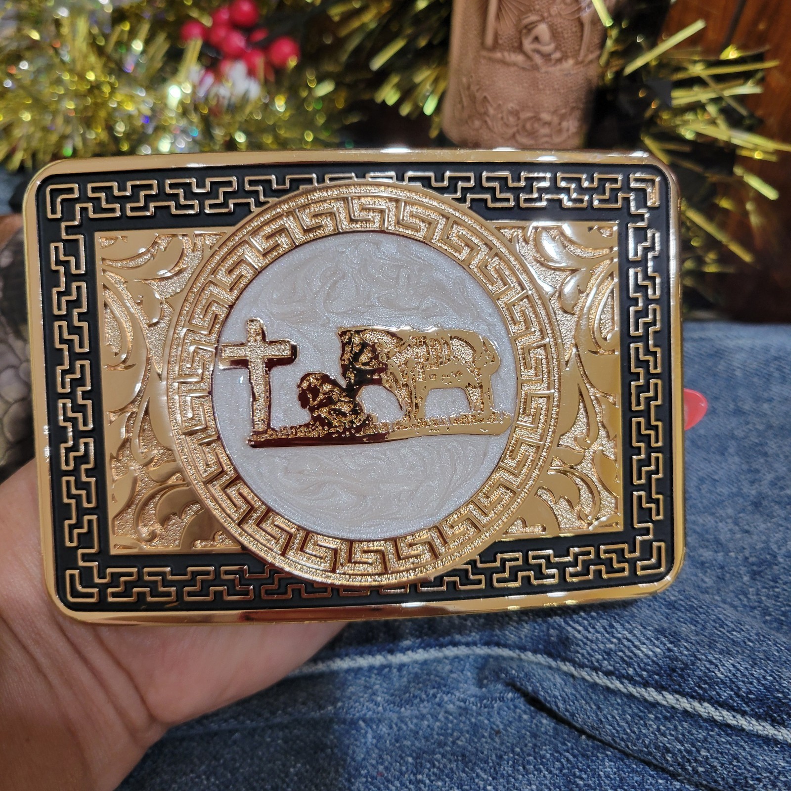 Praying Cowboy Western Belt Buckle Hebilla Rodeo Silver & Rosetone 4x 3.5 Inche