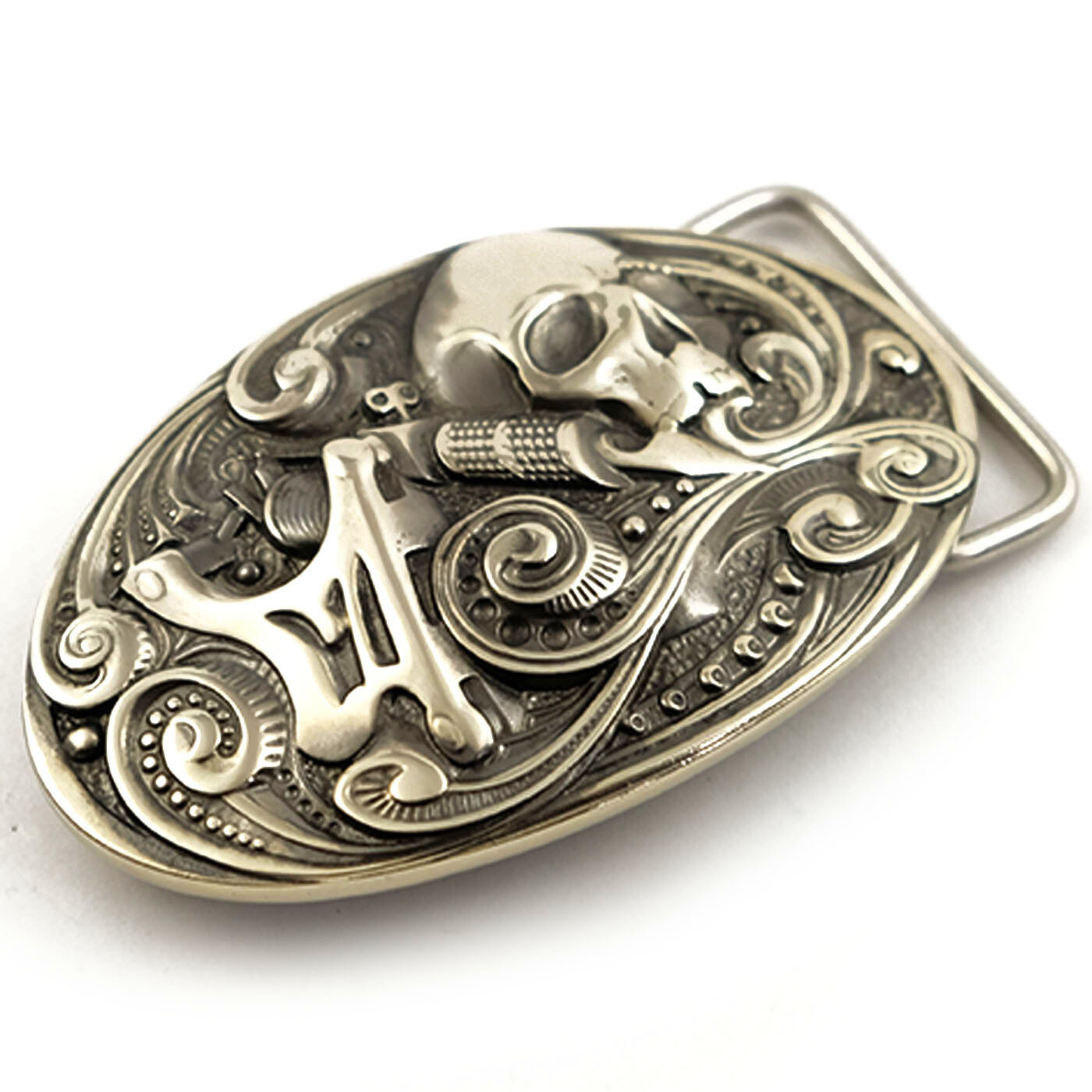 German silver belt buckle tattooist with skull, Tattoo machine, Skull buckle