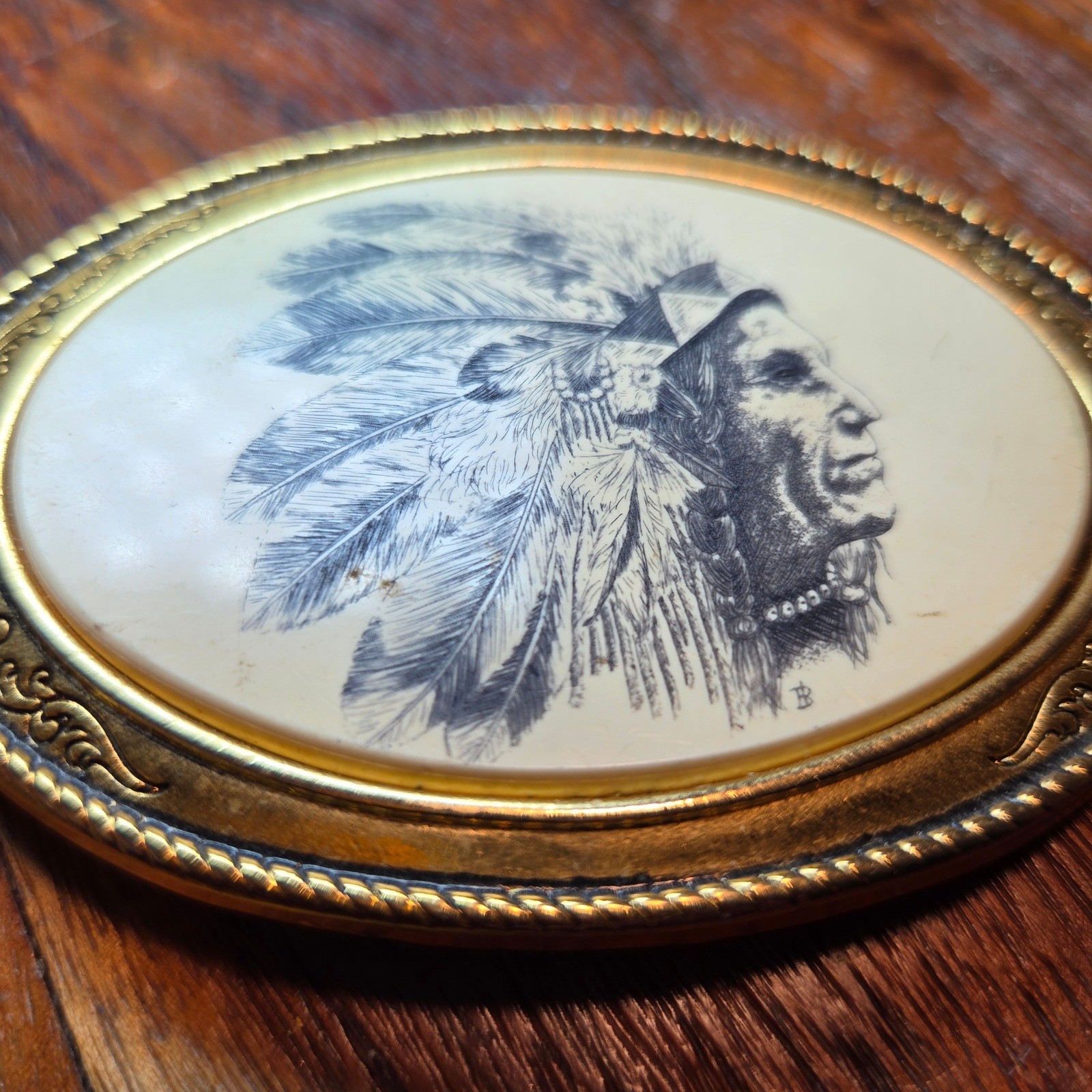 Barlow Indian Chief Belt Buckle Vintage USA Scrimshaw Style Gold Tone Oval