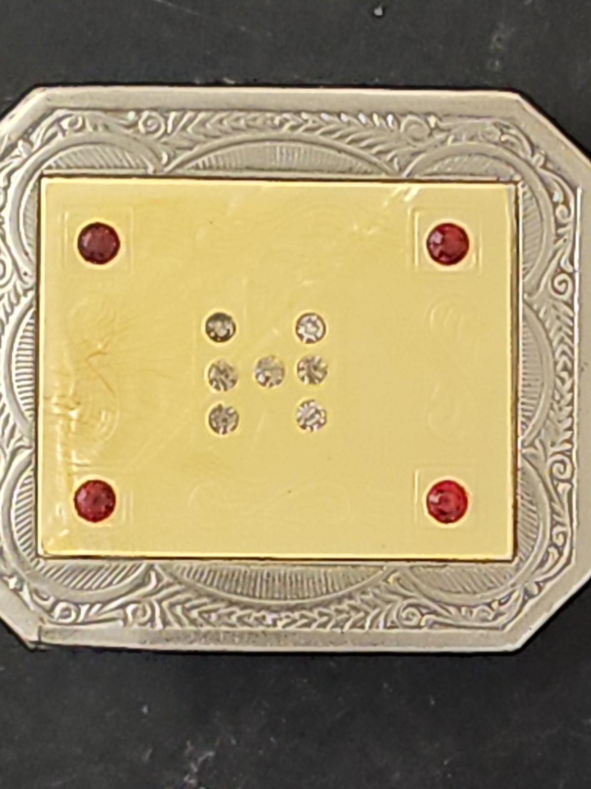 Vintage Victorian Silver Plate Belt Buckle – Celluloid Inlay with Crystal & Red