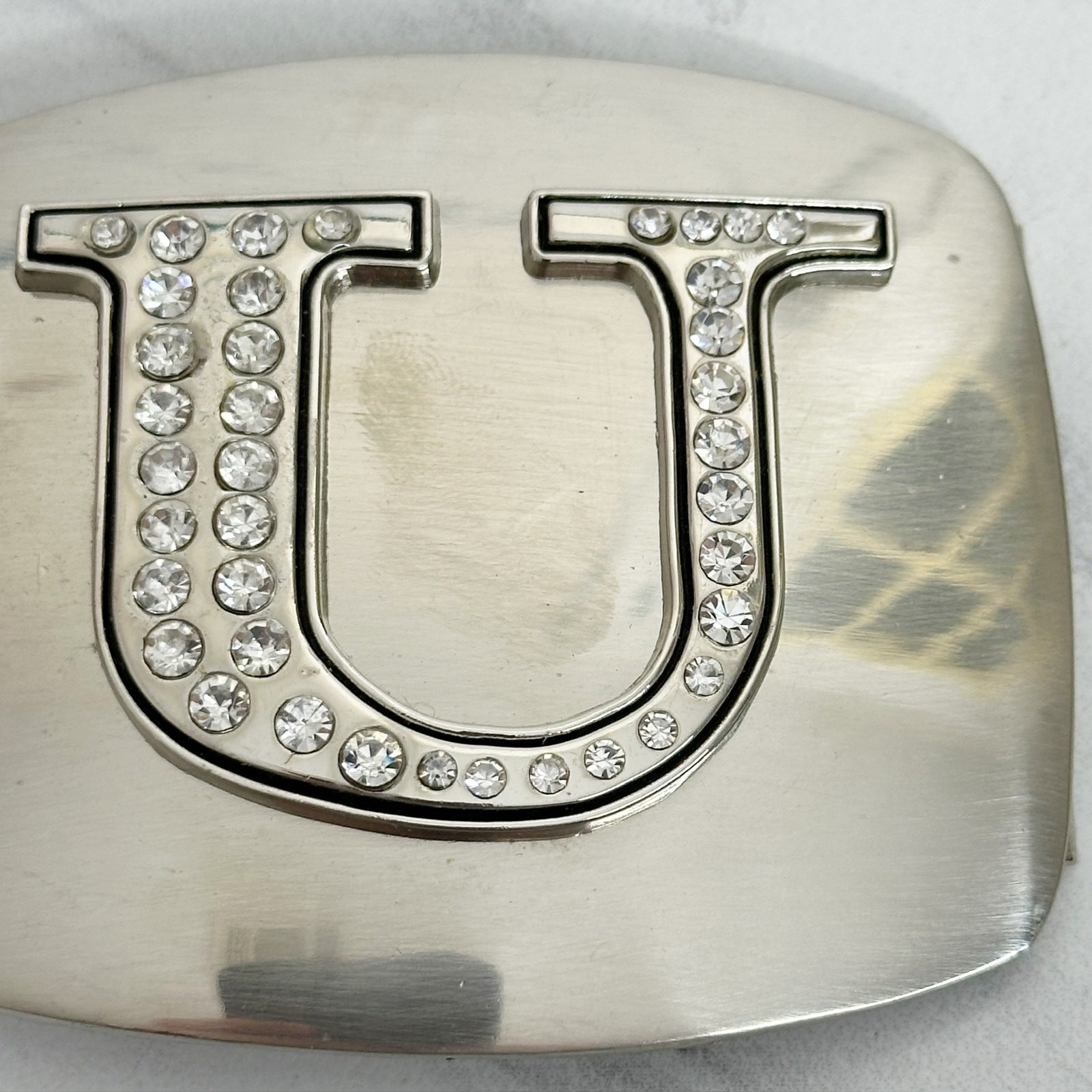 Letter U Rhinestone Initial Monogram Silver Tone Belt Buckle – 3.16&Prime; x 2.78&Prime;