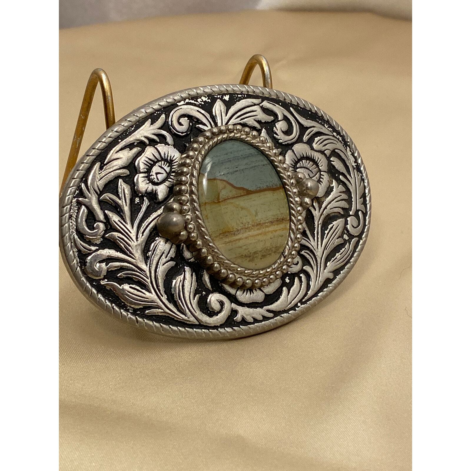 Vintage Silver Belt Buckle with Blue/Brown Natural Stone. Floral/Leaf Design