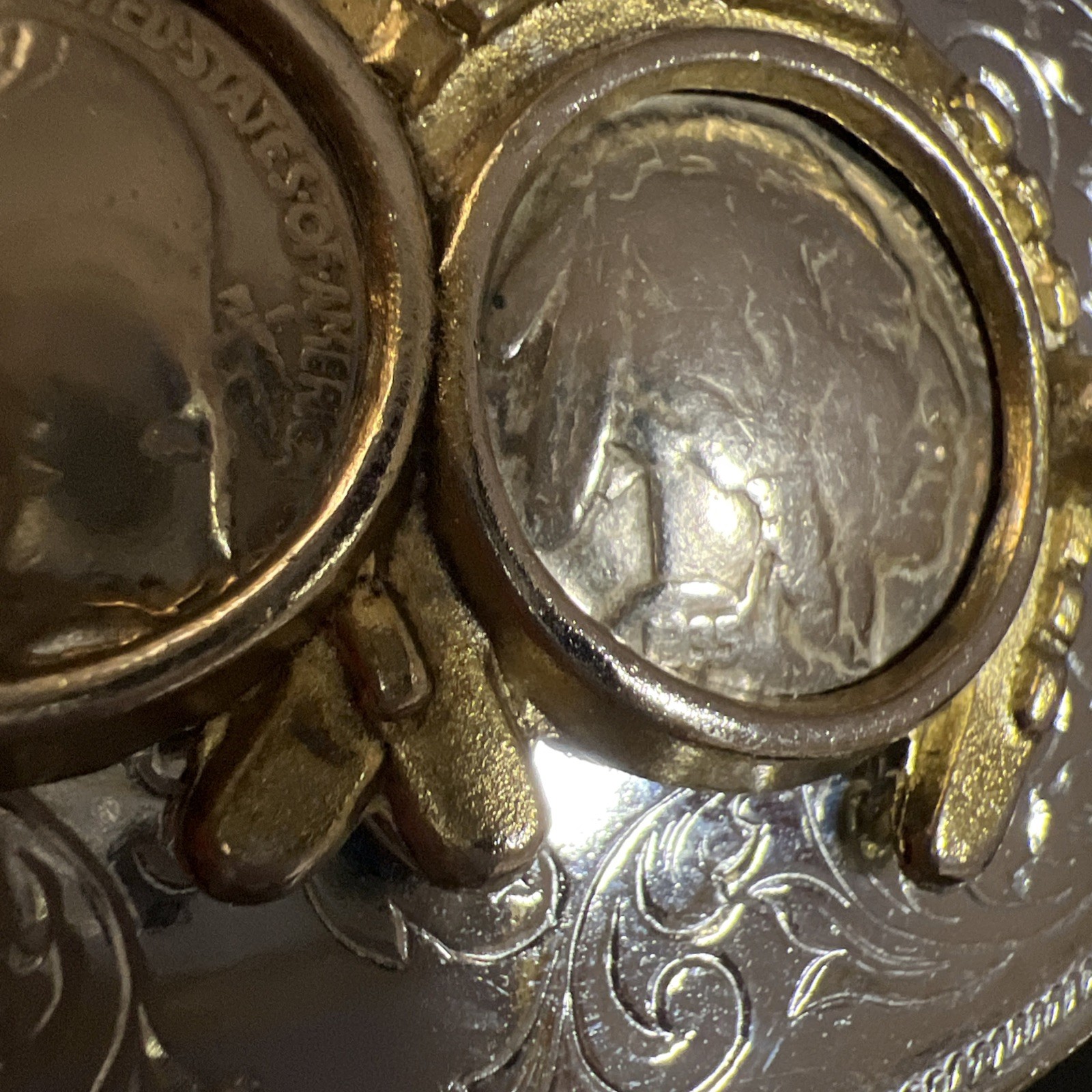 Buffalo Nickel Native American Head Belt Buckle Horse Shoes Silver, Gold Color