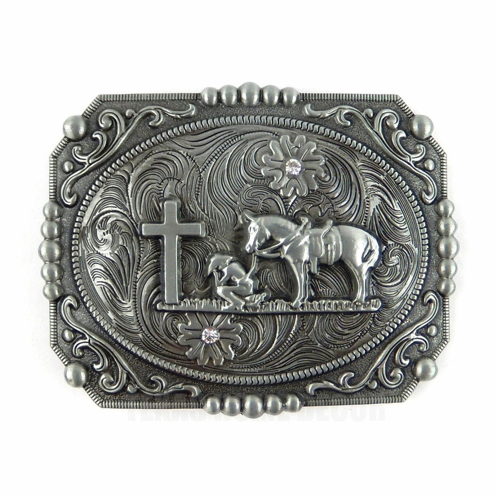 Western Floral Belt Buckle Praying Cowboy Kneeling at Cross Antique Silver Tone