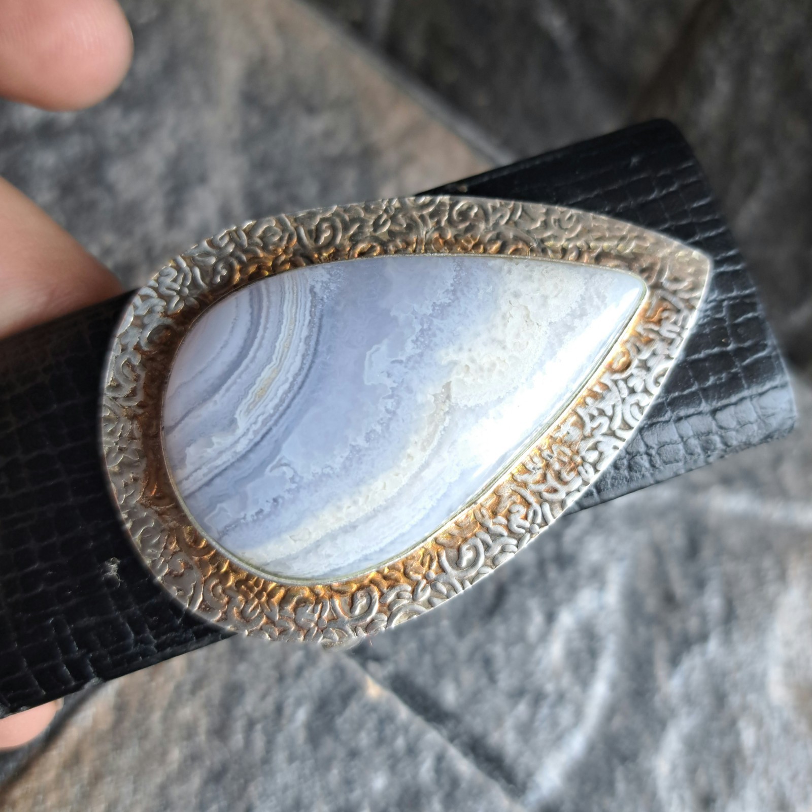 Blue Lace Agate Teardrop Silver Plated Belt Buckle Soft Lavender Banded Unisex