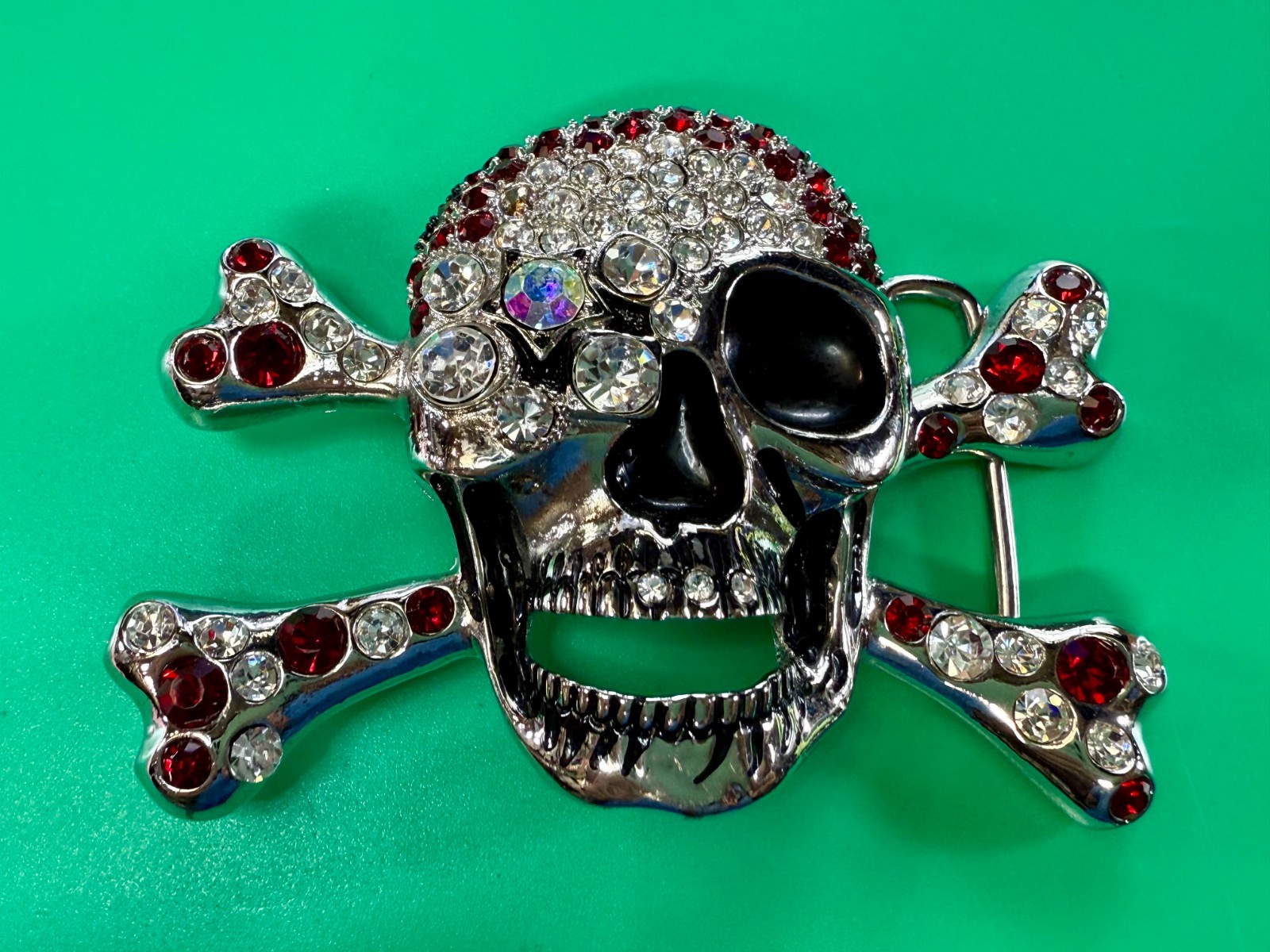 Pirate Skull Head Crossbones Red Clear Rhinestone Covered Costplay Belt Buckle