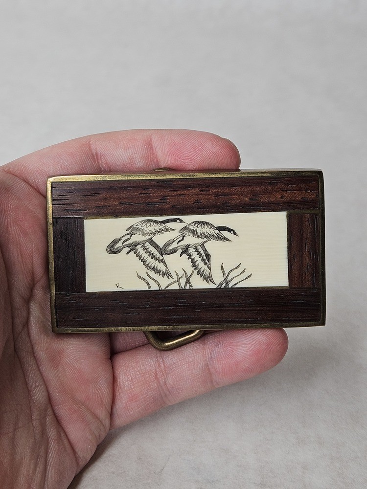 Vintage 1978 Brass Wood Duck Etched Belt Buckle