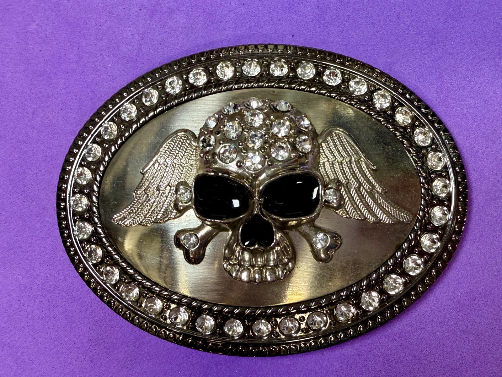 Skull Wings Crossbones with Clear Rhinestone Halloween Gothic LARGE Belt Buckle