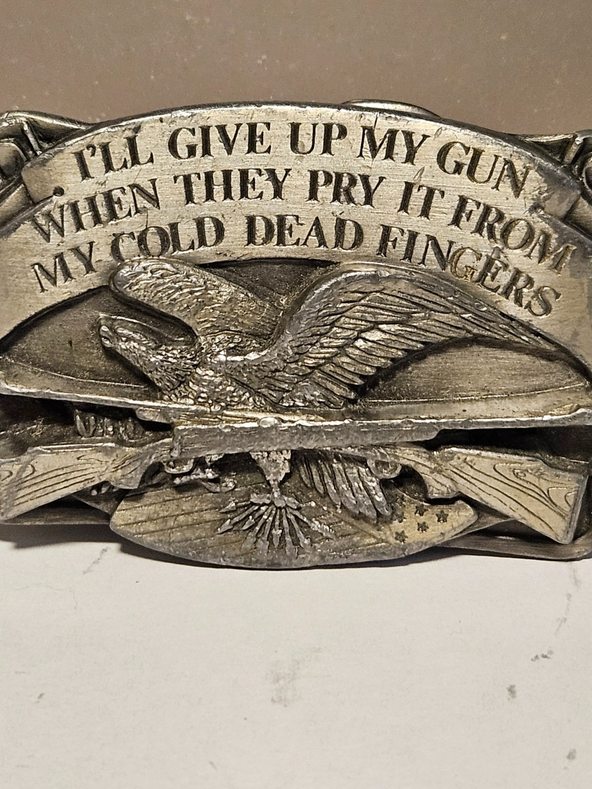Vintage 1983 Siskiyou Buckle Co 2nd Amendment Eagle Buckle F-27 Pewter +One more