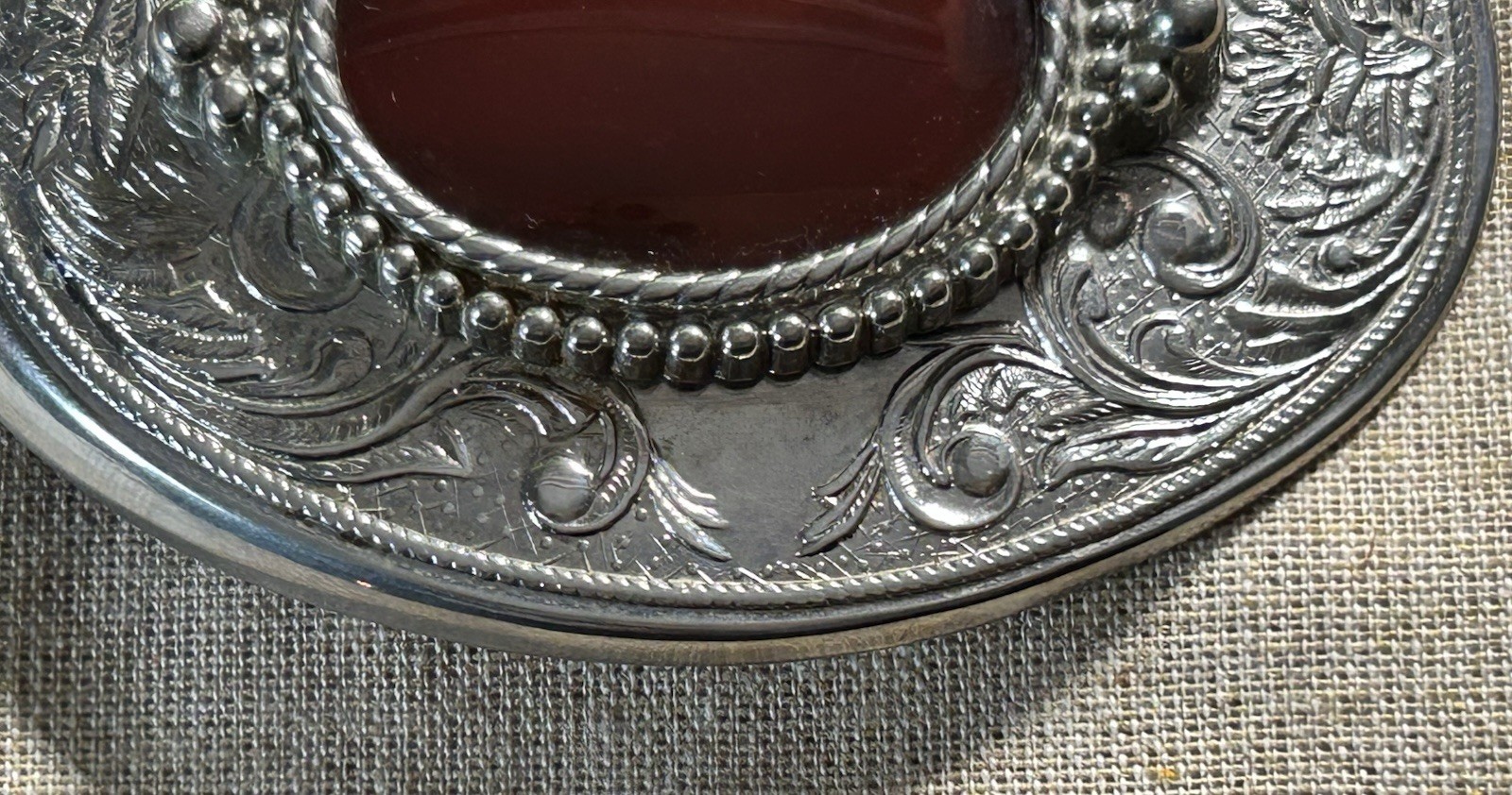 Vintage Style Western Silver Tone Belt Buckle Red Cabochon Stone Engraved Oval
