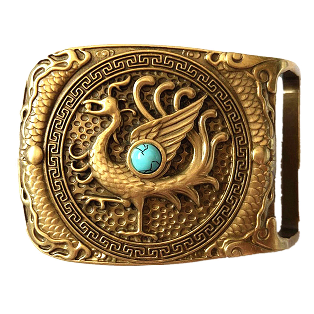 Phoenix Turquoise Western Cowboy Solid Brass Copper Mens Belt Buckle Vintage