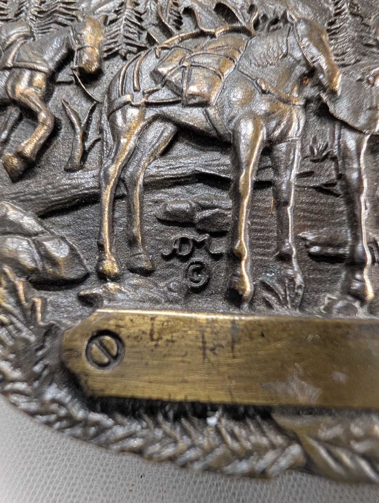 Vintage Solid Brass Western Belt Buckle Cowboy Pack Mules Elk Antlers Unengraved