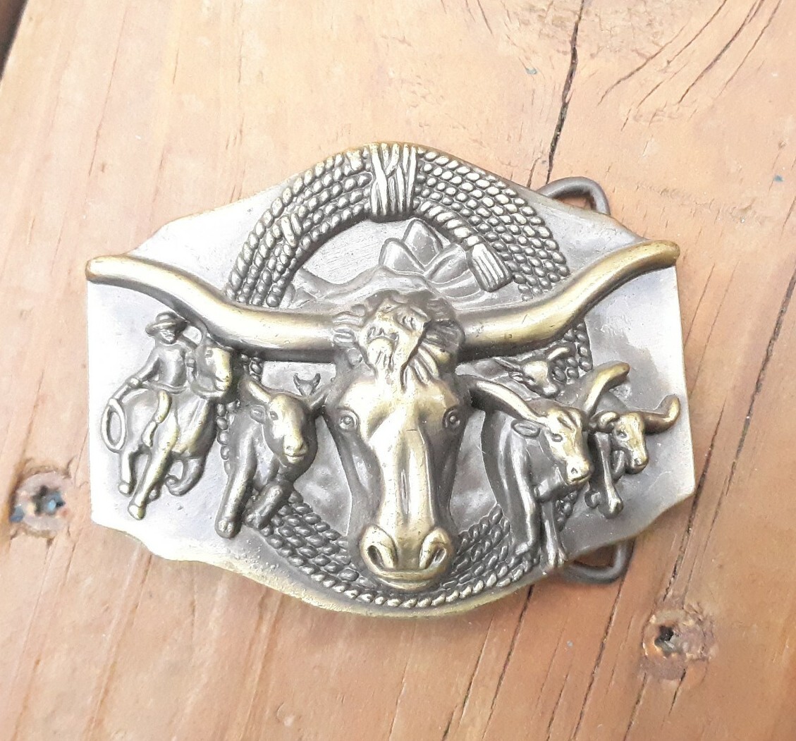 3D Texas Longhorn Bulls Rope Cattle Drive Brass Metal Belt Buckle 3 1/4 x 2 1/2&Prime;
