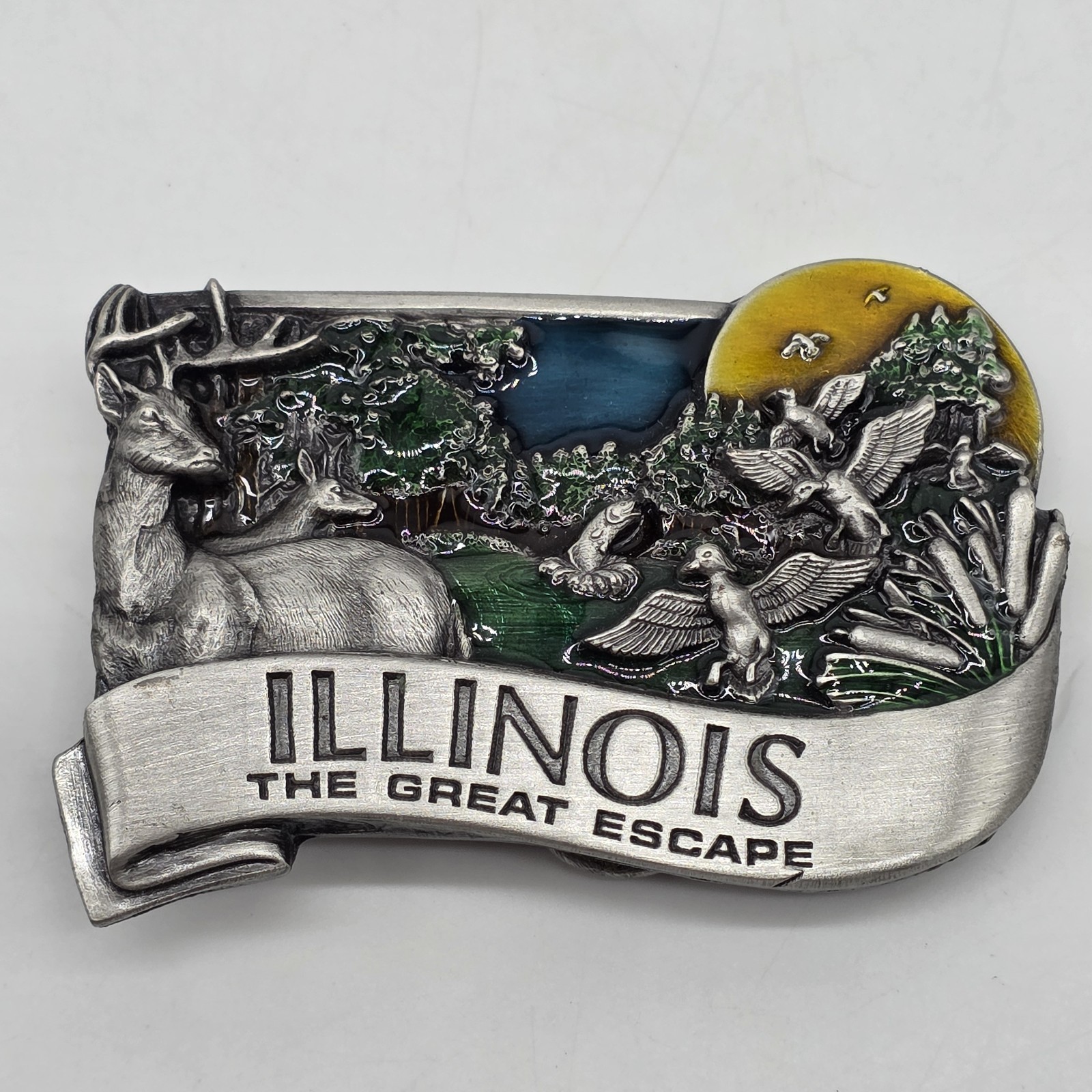 Vintage Collectible 1984 ILLINOIS Pewter and Enamel Belt Buckle by Bergamot