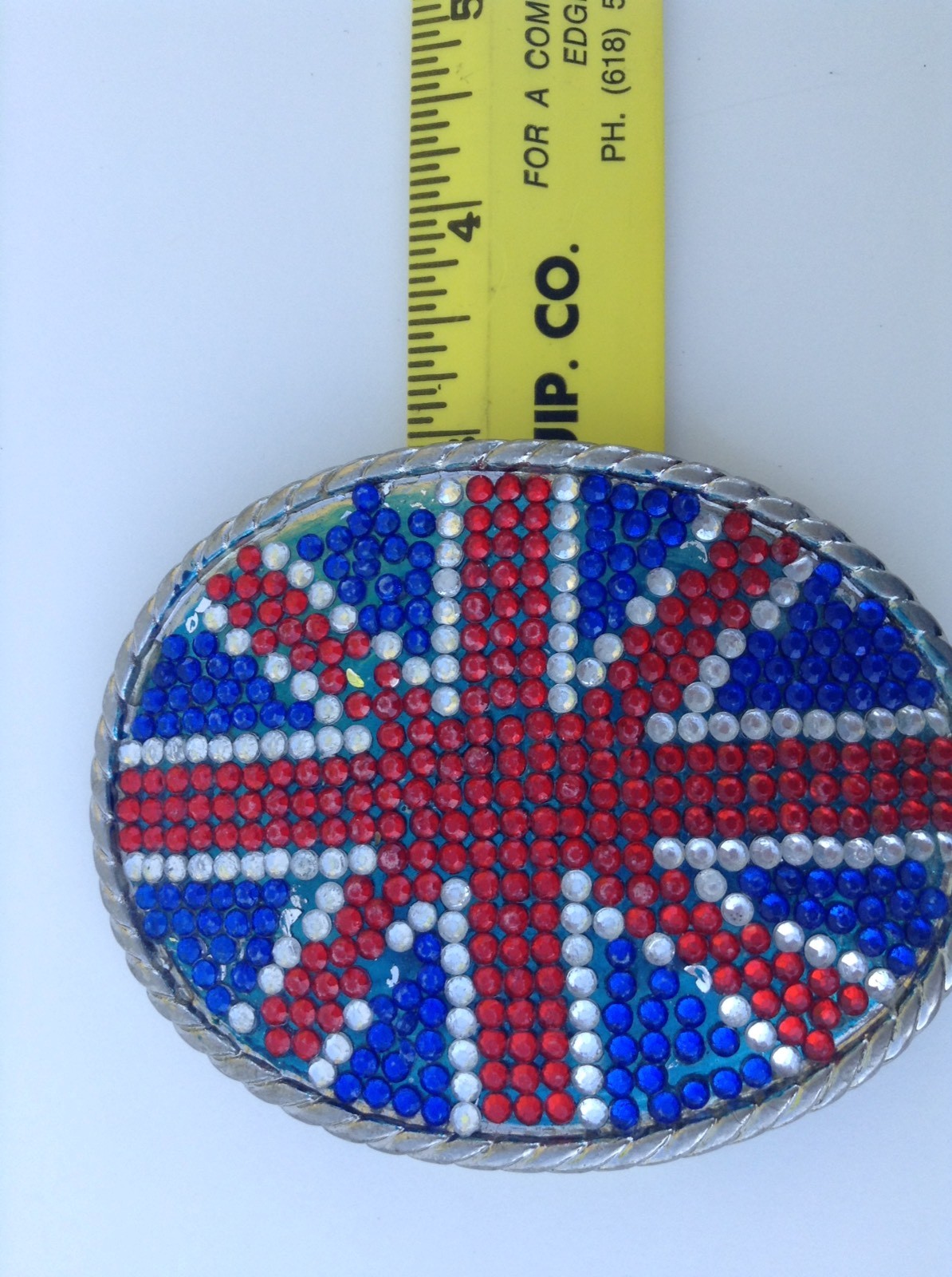 British Flag Belt Buckle Oval Beaded Sparkles About 3.75&Prime;x2.75