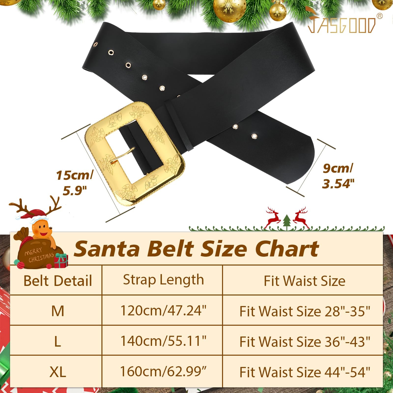 JASGOOD Christmas Santa Claus Adults Wide Leather Fit Size 44&Prime;-54&Prime;, Black