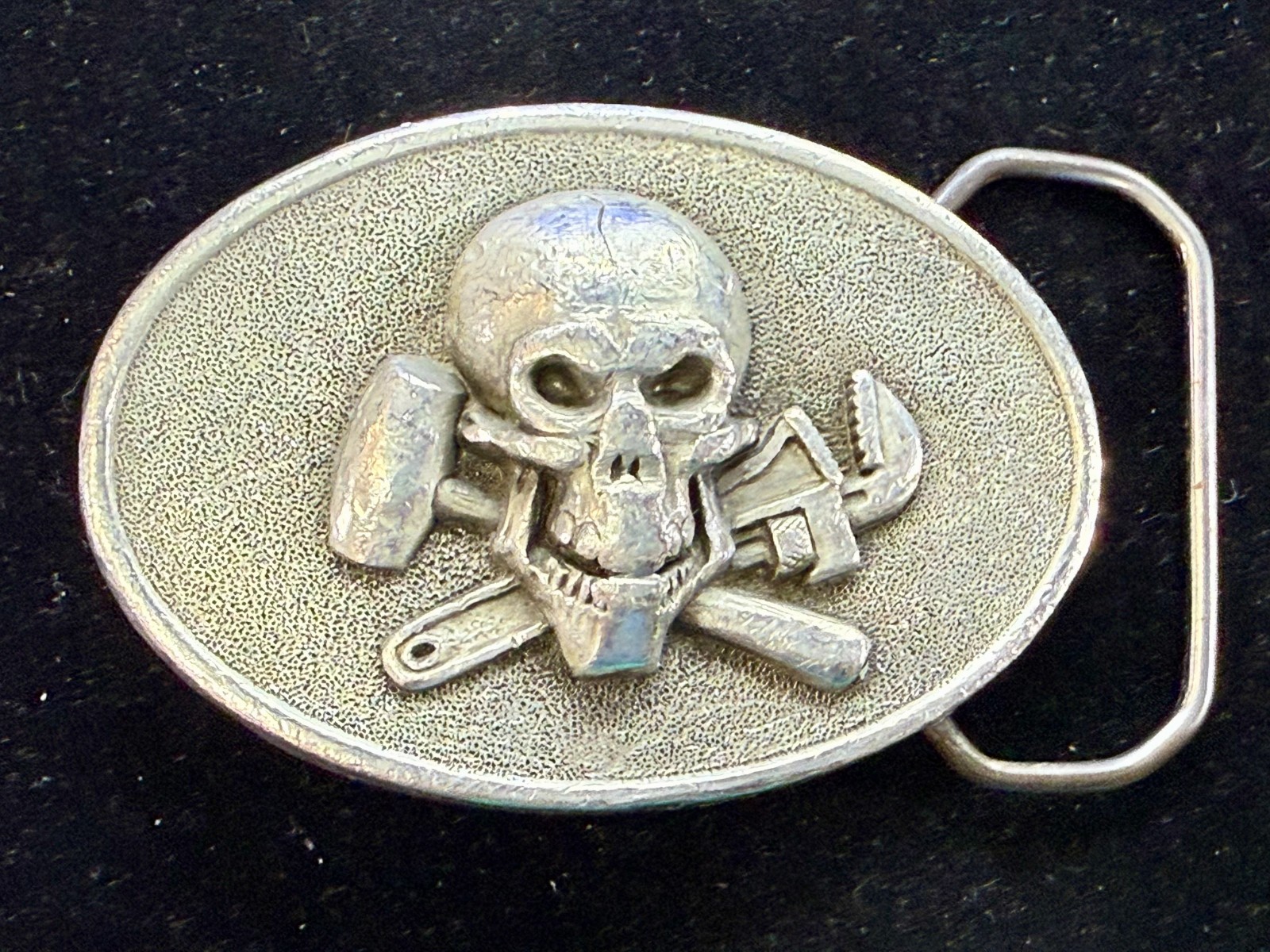 Mechanic Skull Crossed Wrench Hammer Tool Solid Fine Pewter Belt Buckle
