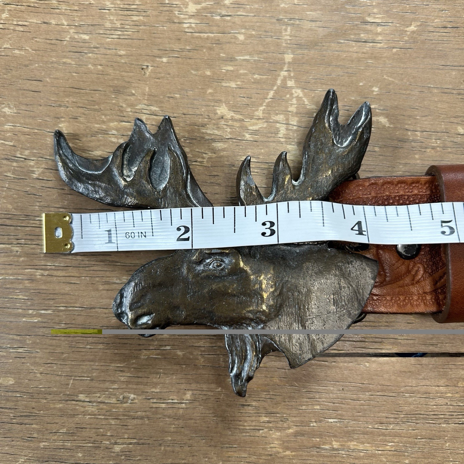 Brass Moose Belt Buckle w/Hand Tooled Brown Leather Western Wear Belt Size 40