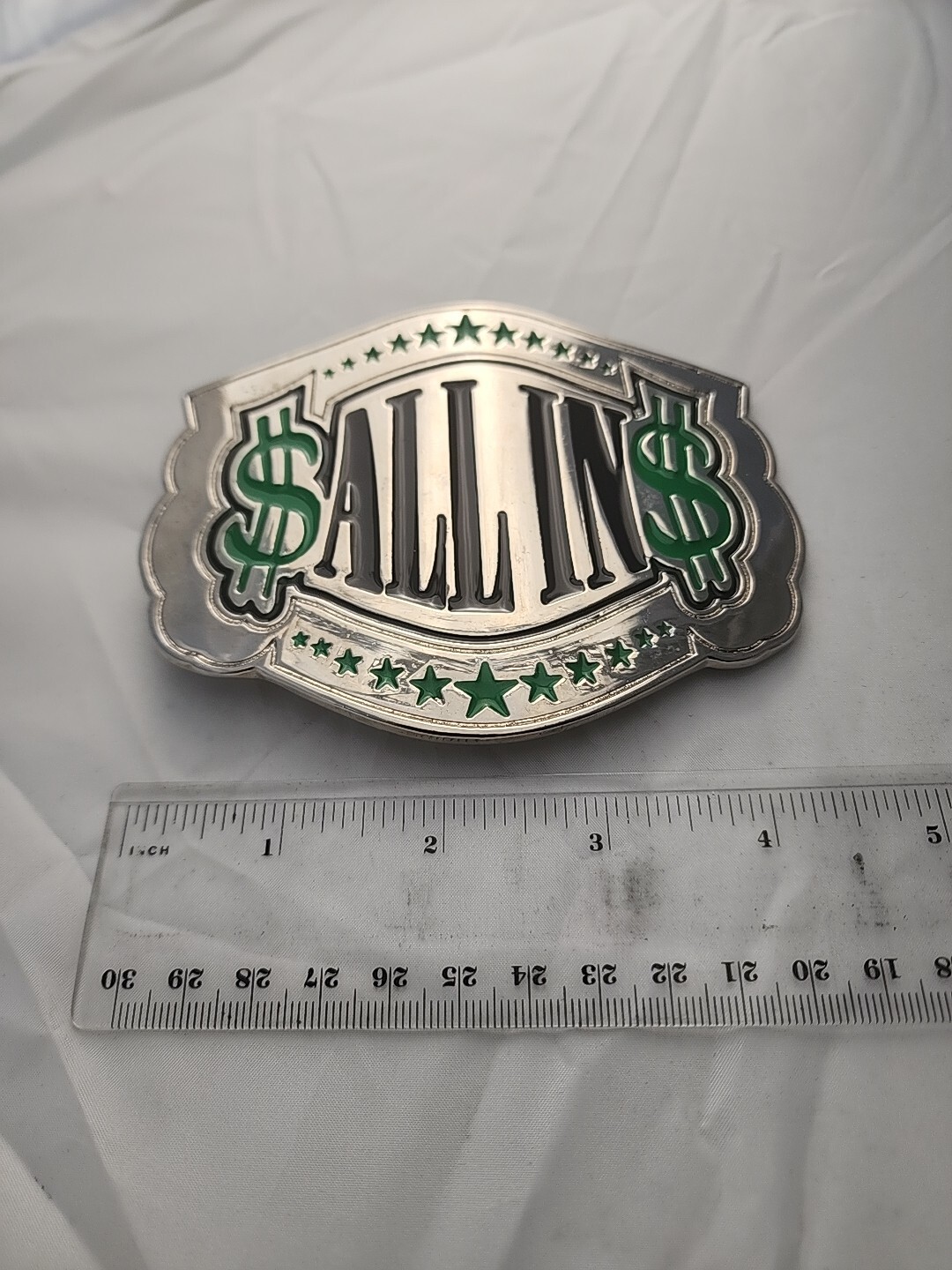 ALL IN Text Dollar Signs Novelty Belt Buckle Silver Tone Money Gambling