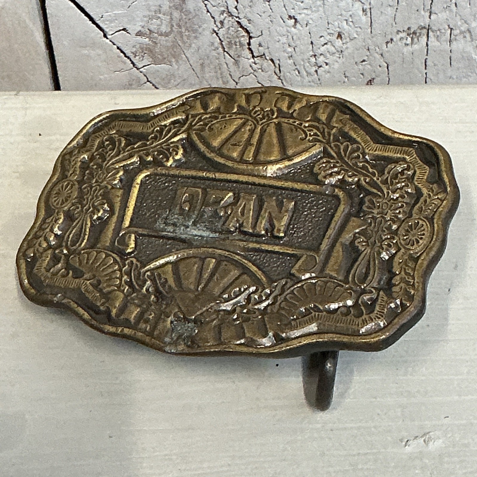 Vintage Oden USA Brass Belt Buckle Dean Name Western Style Needs Repair