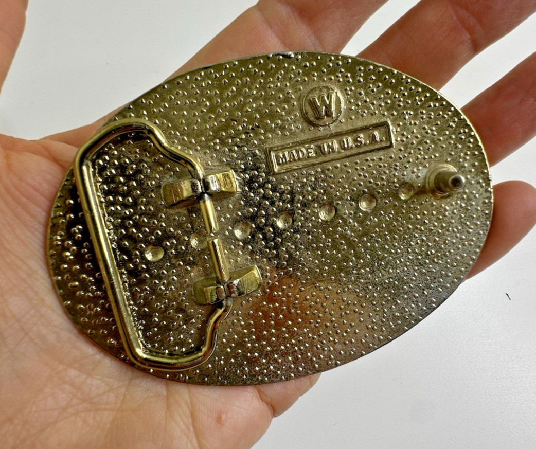 VINTAGE SILVER PLATED HORSE THEME BELT BUCKLE Western Tri Color ROSE AND YELLOW