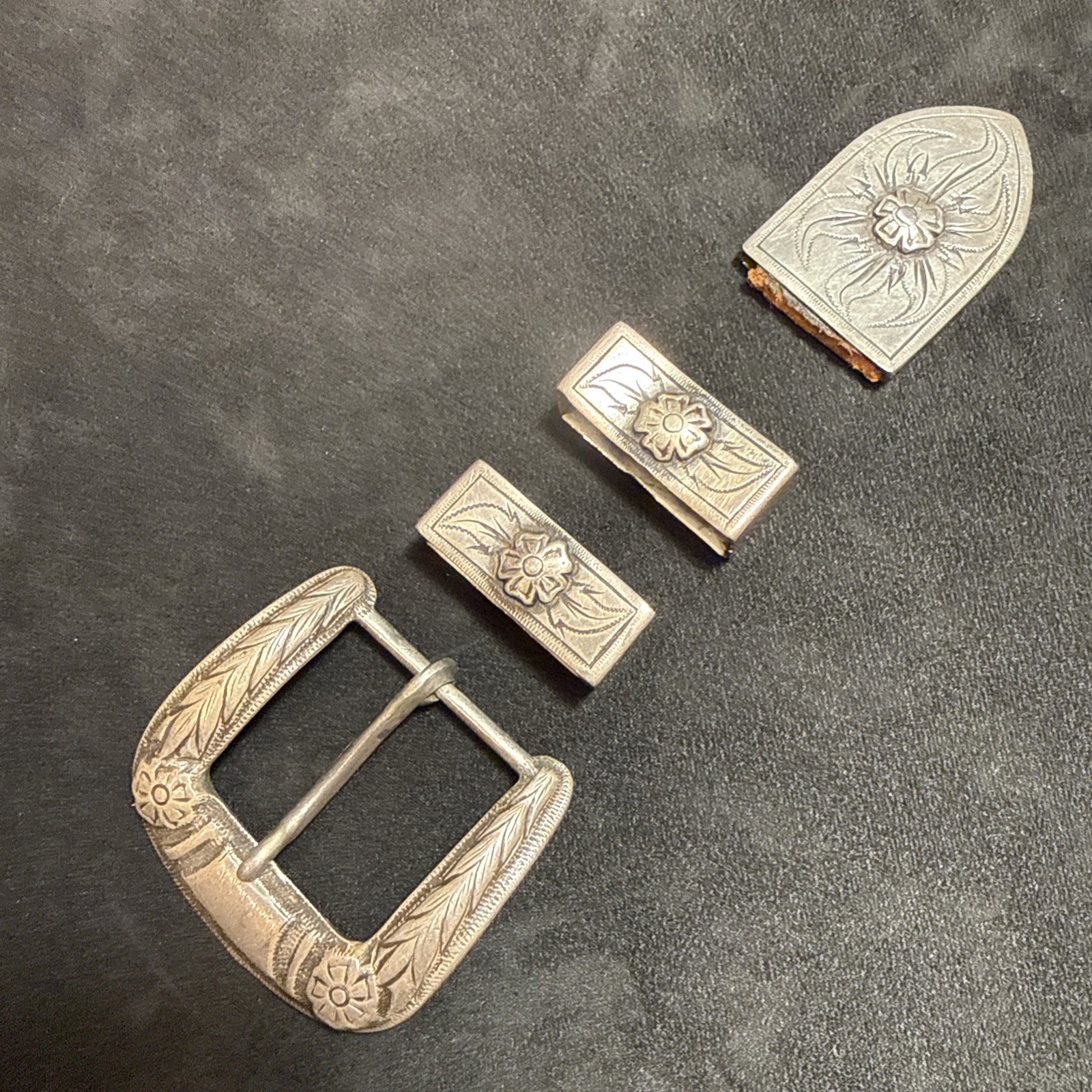 Vintage STERLING SILVER Belt Buckle Set 4PC western RANGER handcrafted Mexico