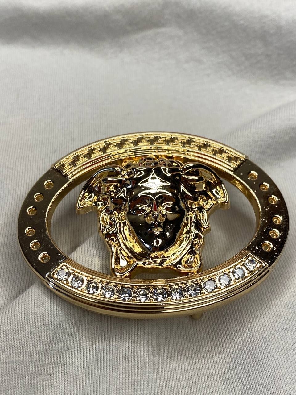 Gold Medusa Head Belt Buckle Greek Key Crystal Oval
