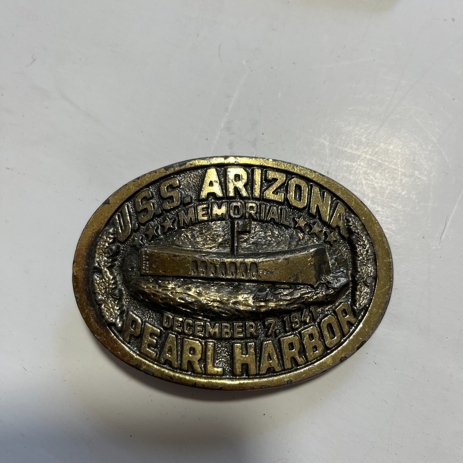 Vintage 1983 M.E.K. USS Arizona Memorial Pearl Harbor Metal Belt Buckle Limited