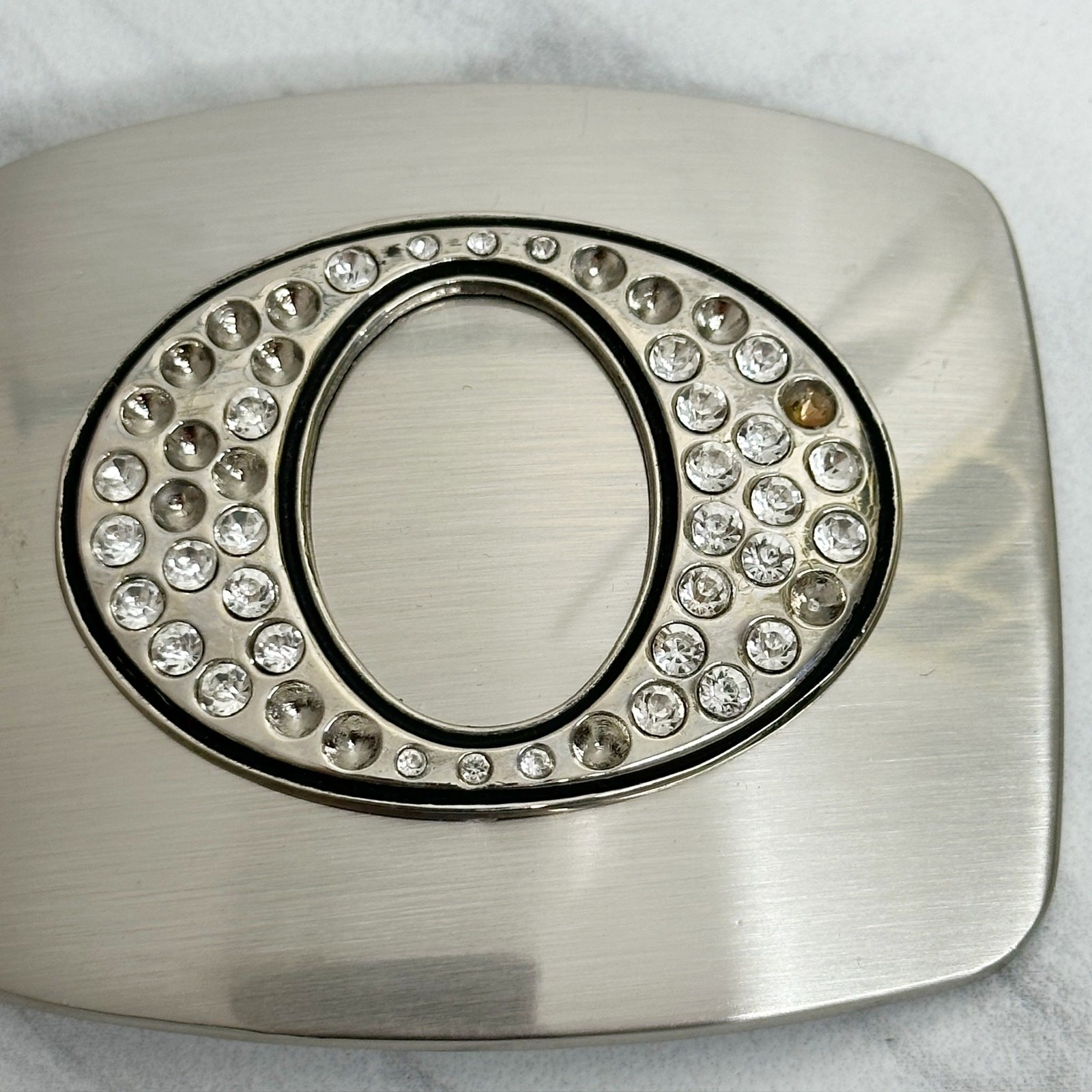 Rhinestone Studded O Letter Initial Monogram Silver Tone Belt Buckle
