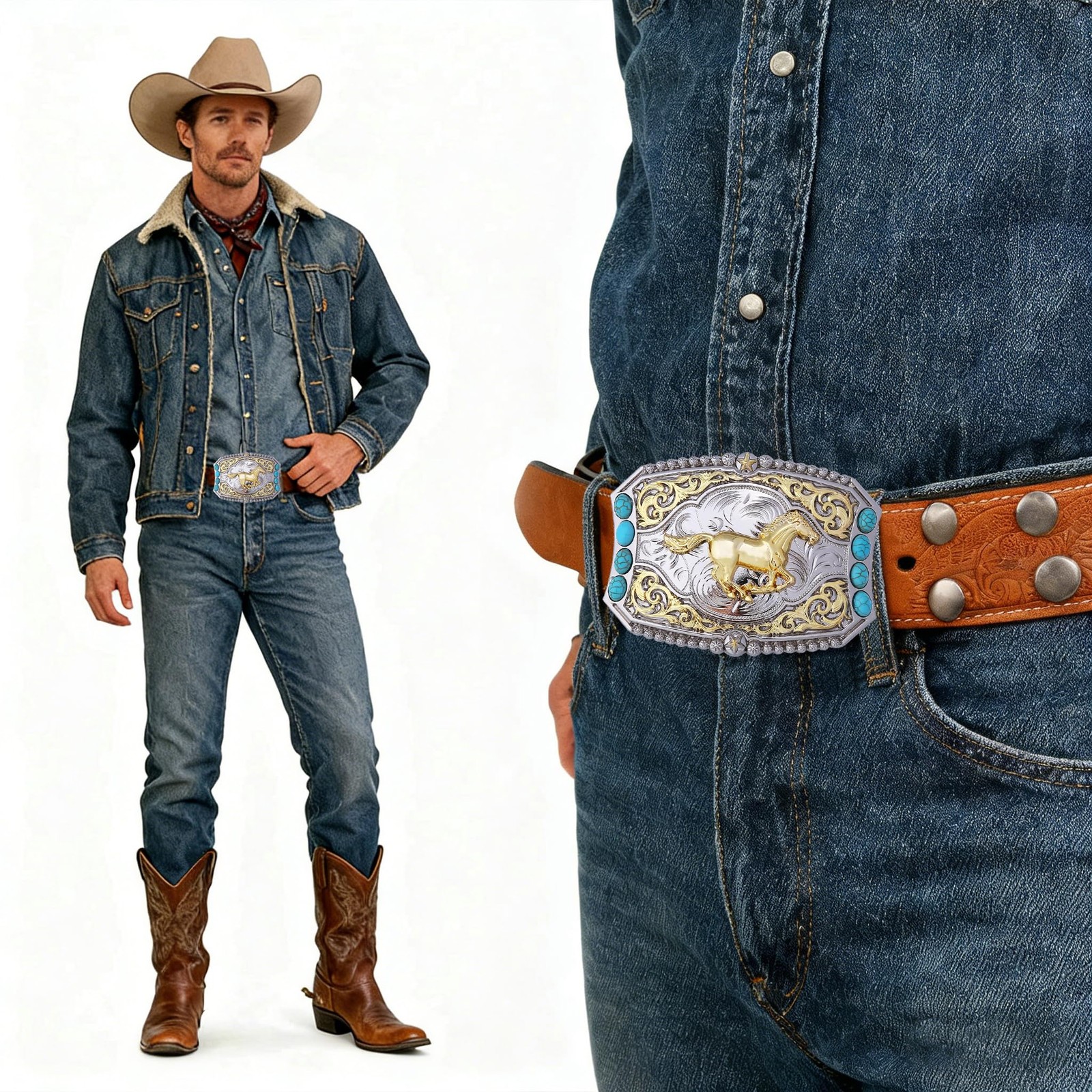 Cowboy Style Belt Buckle for Men Western Buckles with Horse and Turquoise Vin…