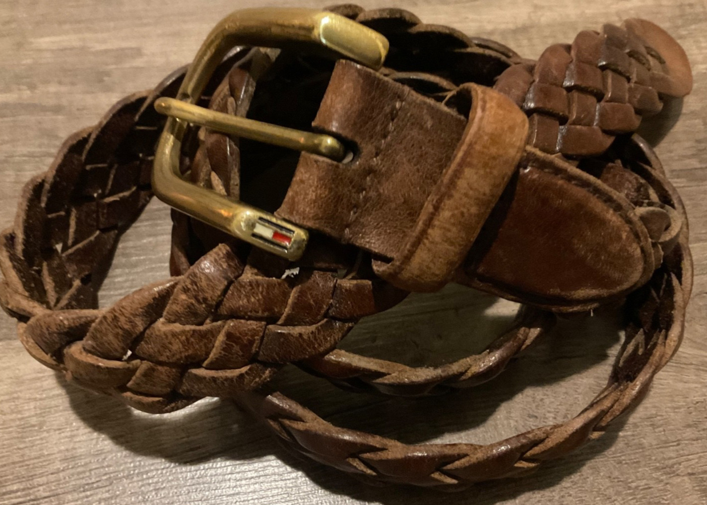 VTG TOMMY HILFIGER PREPPY LEATHER BRAIDED SOLID BRASS BELT ( MENS 42 ) BROWN