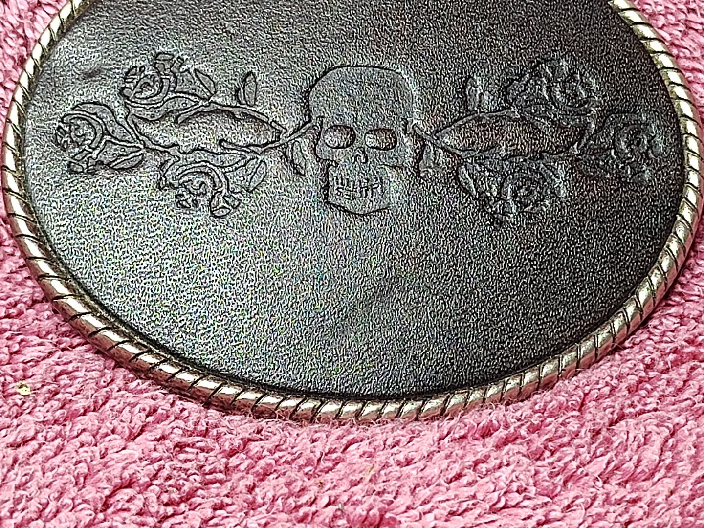 Skull With Roses & Brambles Belt Buckle on Stamped Black Leather 3.75&Prime; x 3&Prime;