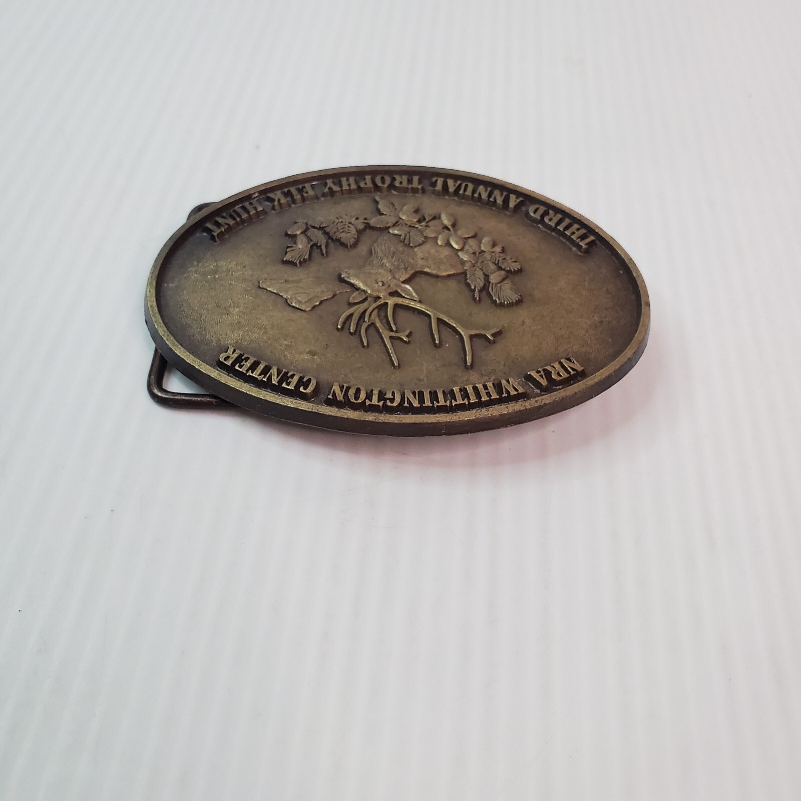 NRA 3rd Annual Trophy Elk Hunt Whittington Center Belt Buckle 3.5×2.5&Prime; VTG
