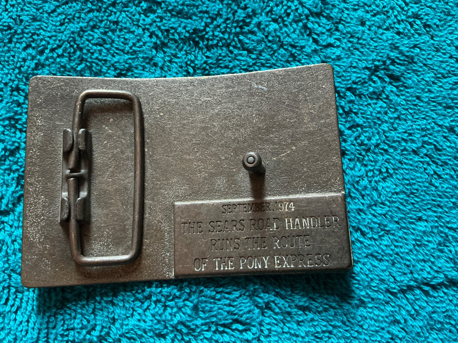 Vintage Brass 1974 8Pony Express Belt Buckle 3 1/2&Prime; Wide