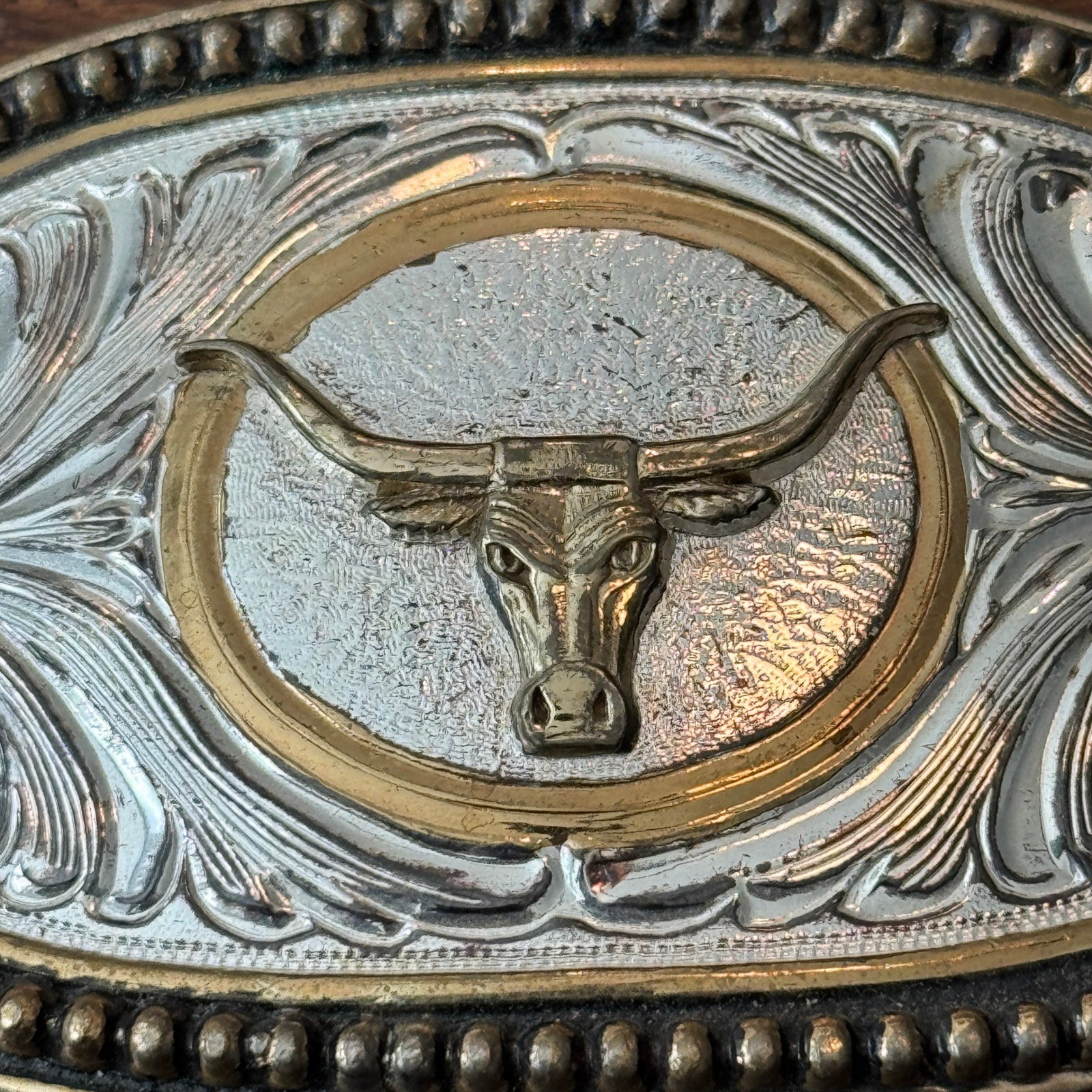 Western Longhorn Bull Belt Buckle Silver Gold Tone Floral Scroll Oval Cowboy