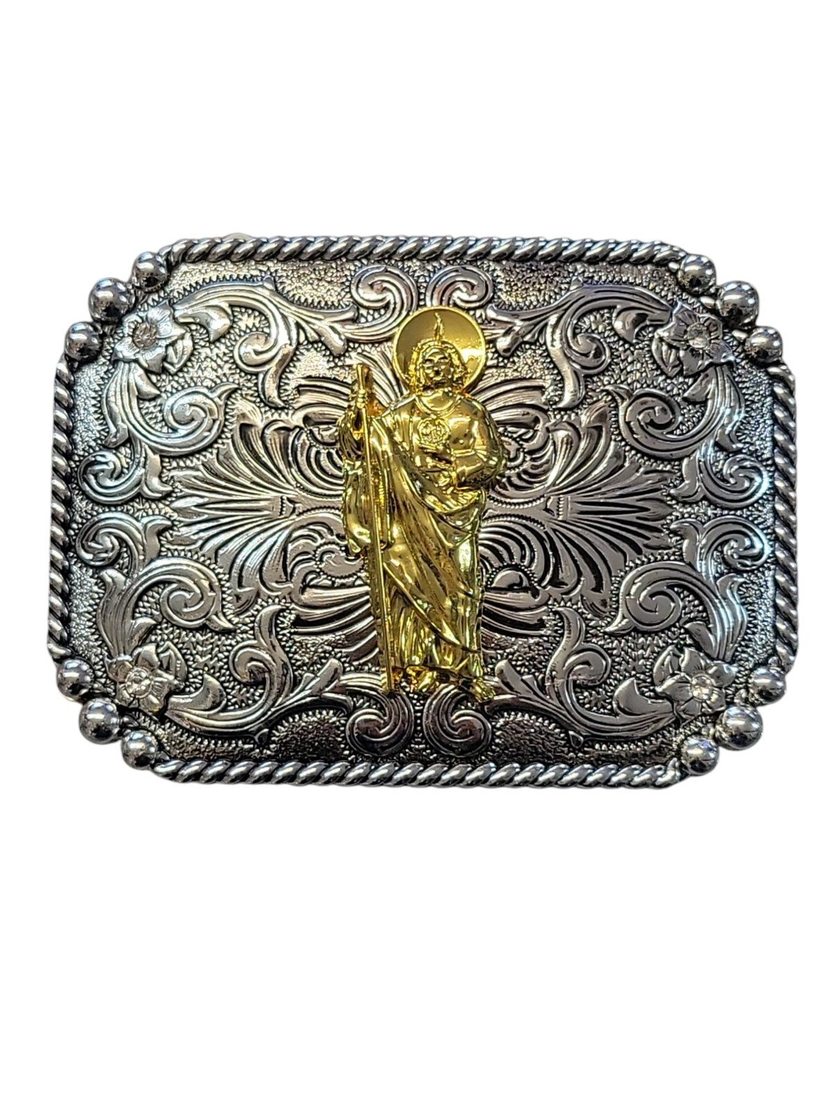 Cowboy Belt Buckle For Man – Saint Jude 4 1/4&Prime;x3 1/8&Prime; Silver Tone/Gold