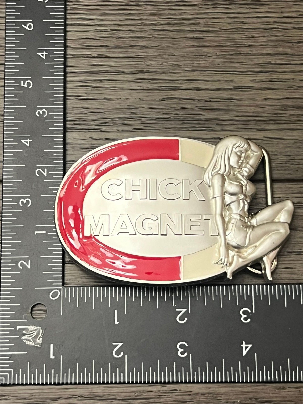 SMC Chick Magnet Belt Buckle Mens Silver Red Cream Enamel Pinup 2005 Novelty