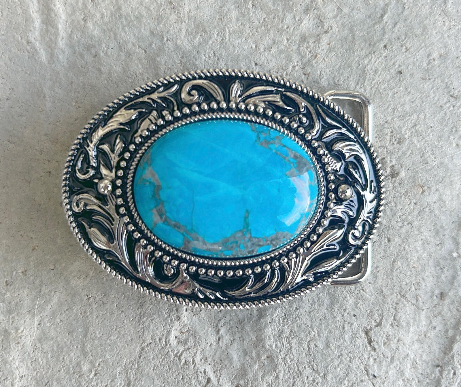 Silver Engraved Western Belt Buckle Aqua Genuine Stone Cowboy Rodeo Gift