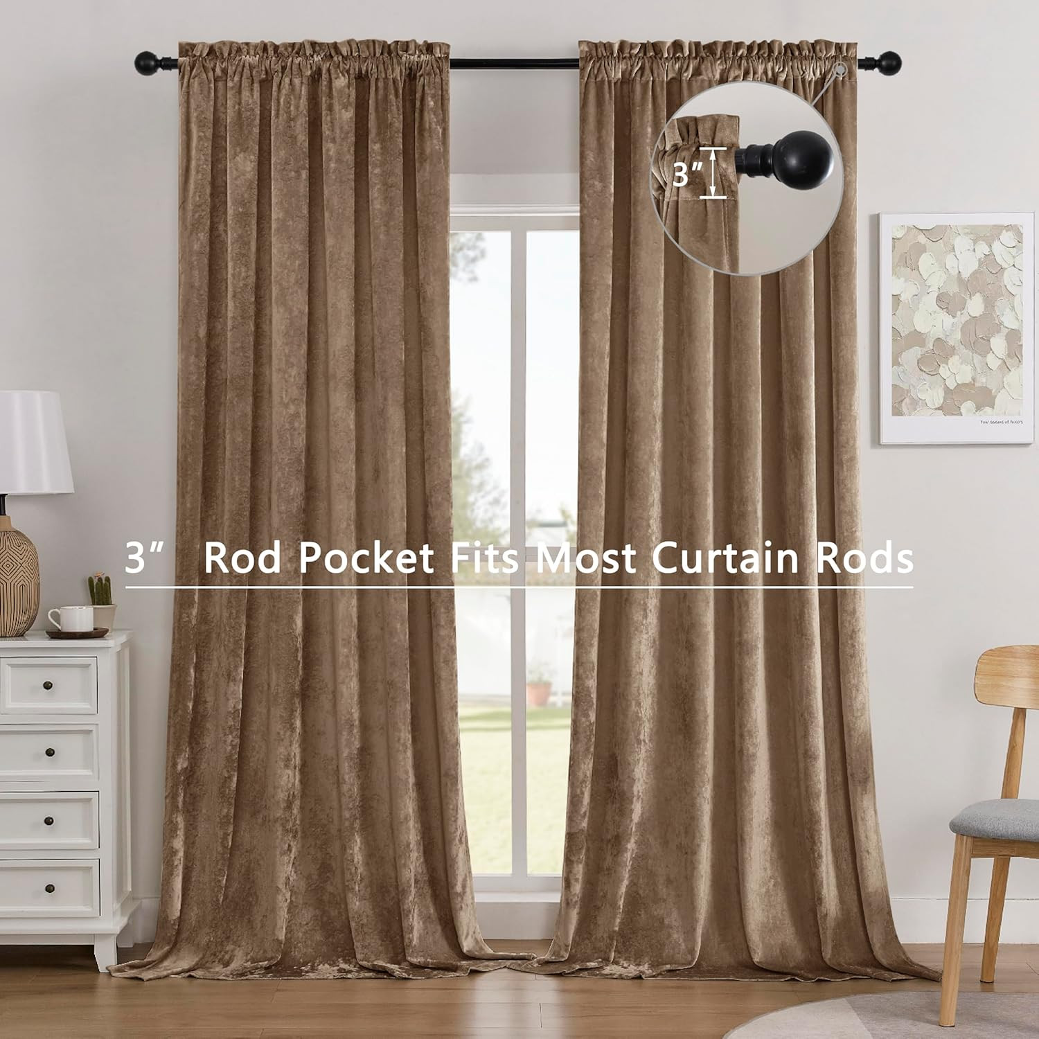Amber Beige Crushed Velvet Curtains with Rod Pocket Luxurious Thermal Insulation