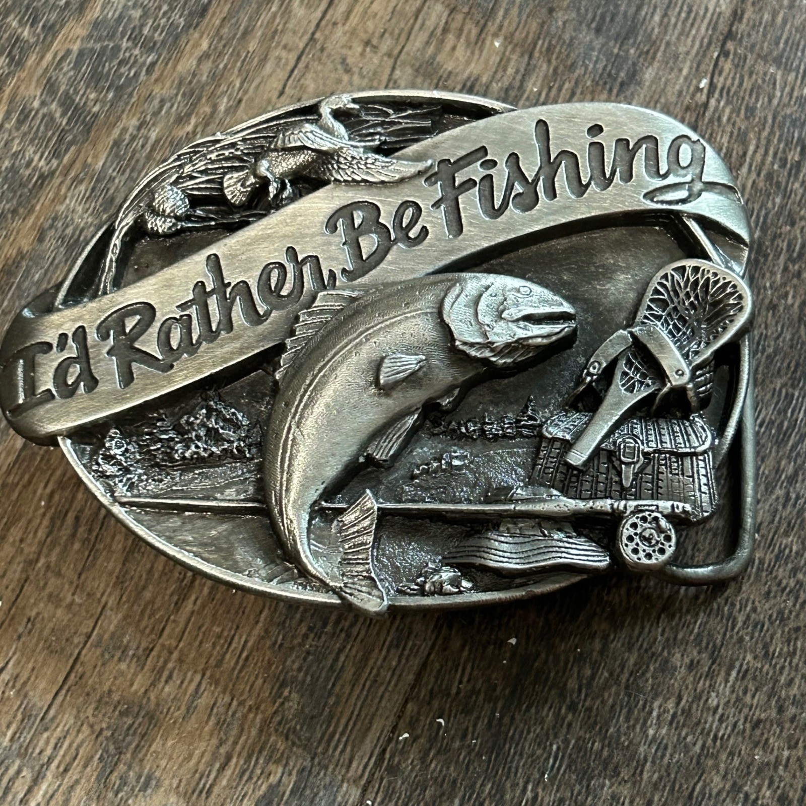 Vintage 1985 Siskiyou Buckle Co Id Rather Be Fishing Trout Belt Buckle M-30