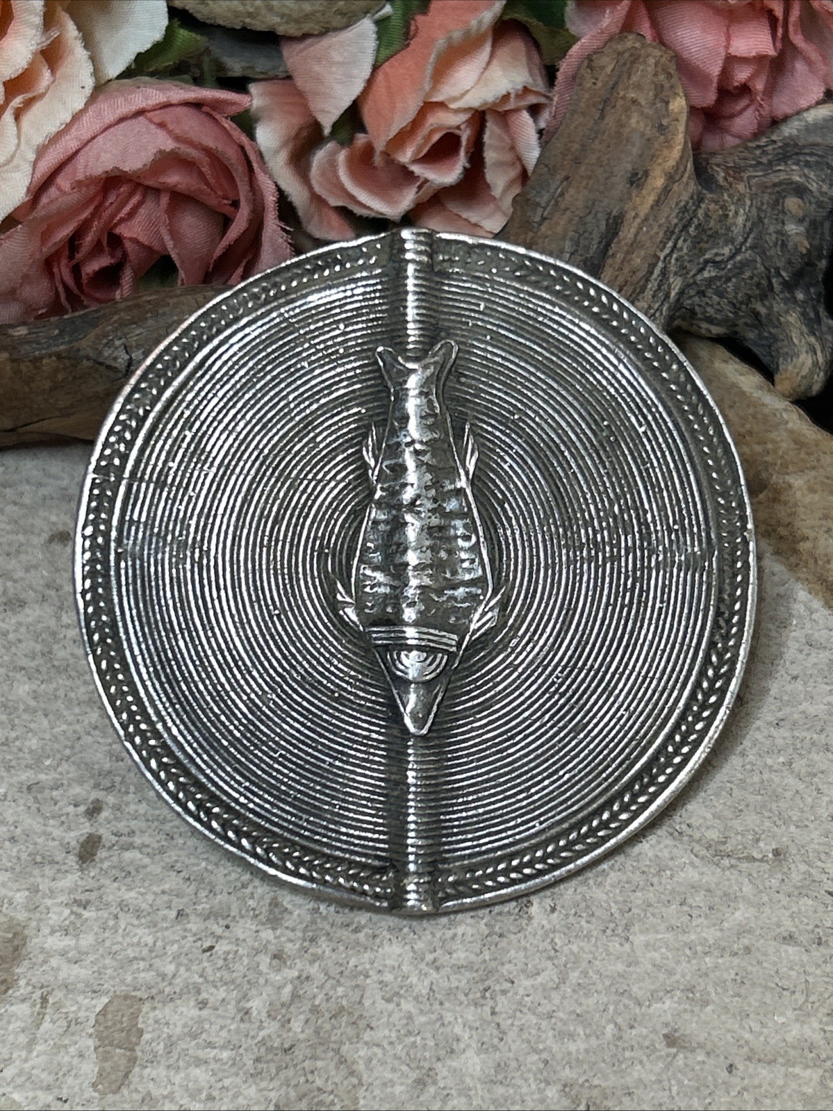 58. SILVER guy Signed West African Baule Sun Amulet FISH belt Buckle 65mm, 74.1g