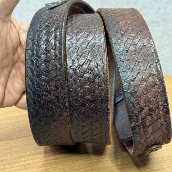 Distressed Leather Woven Embossed Belt Silver Buckle Brown Well Worn Size 50