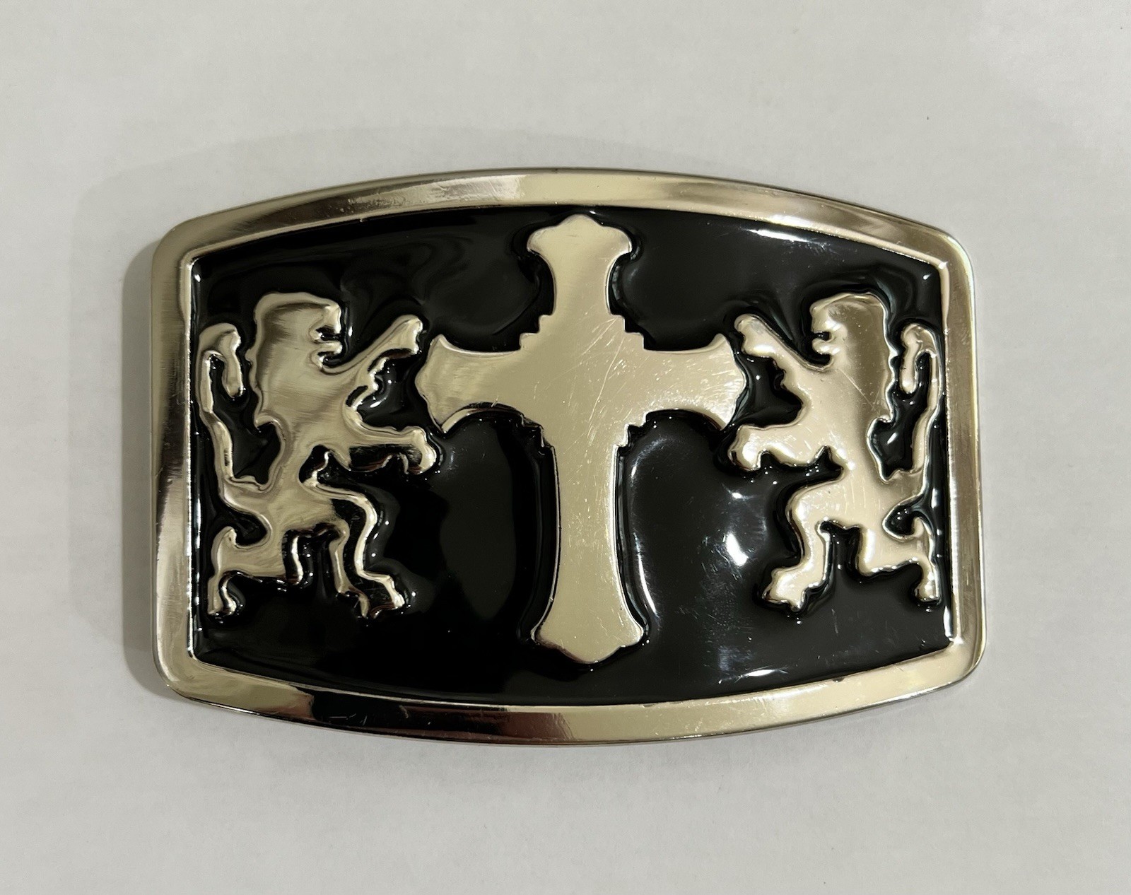 Mens Belt Buckle Black Silver With Double Lions and Cross 4×3” Vintage