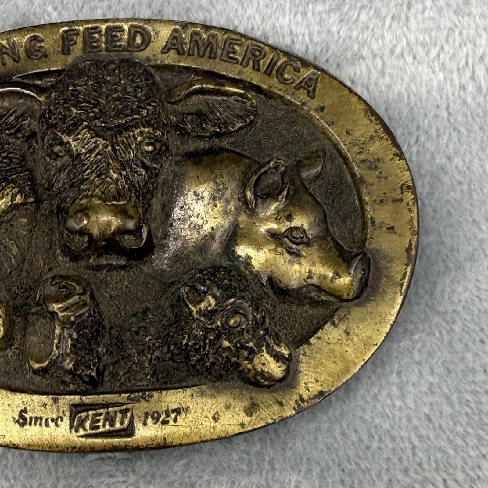 Vintage Kent Feed Belt Buckle Lewis Buckles Agriculture Gold Tone Farmer