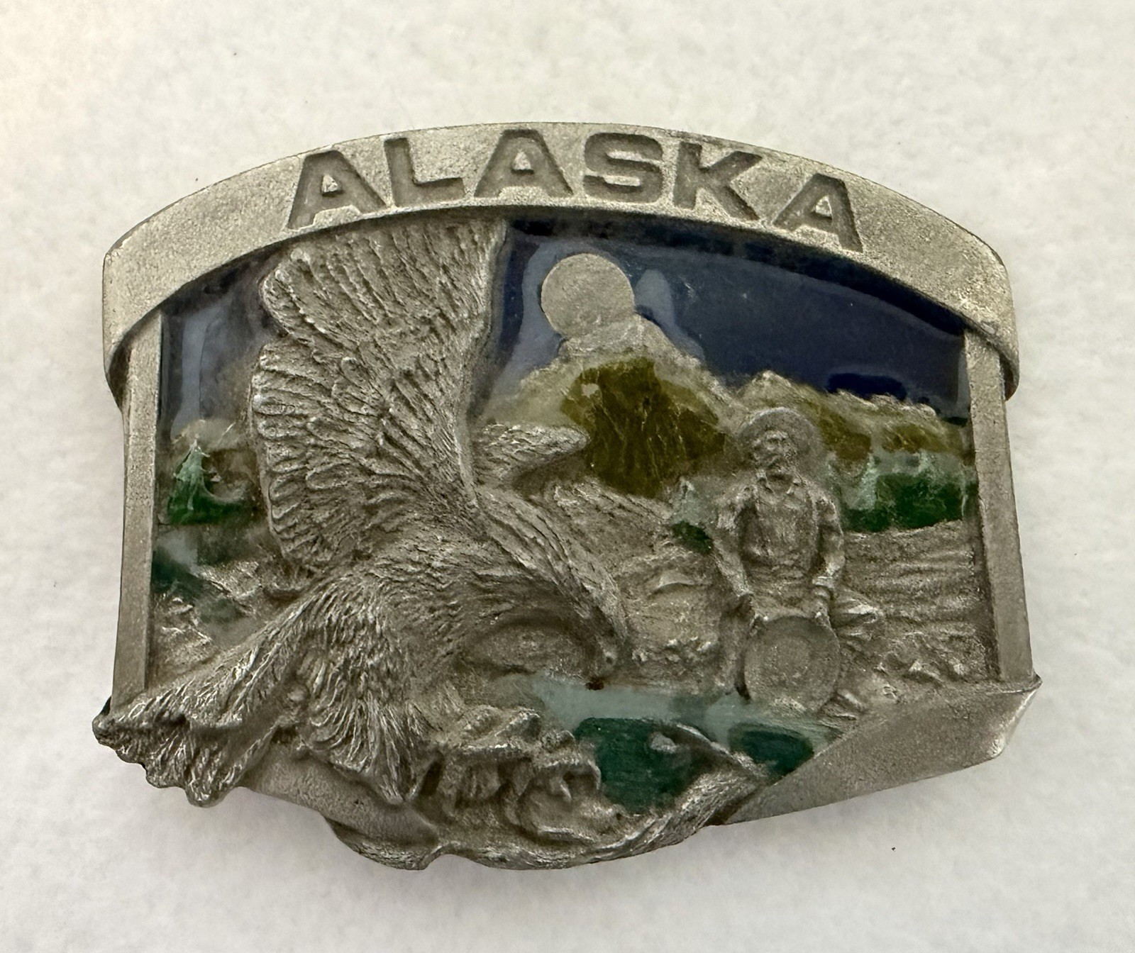 Siskiyou Alaska Eagle Scenic Silver/Blue/Green Metal Belt Buckle 1.5&Prime; J-23