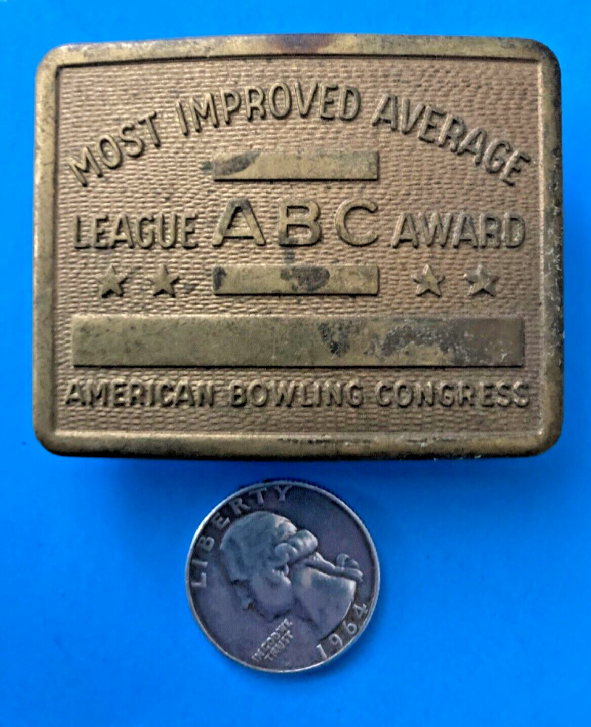 SOLID BRASS ABC Award Most Improved Average Belt Buckle American Bowling Congres
