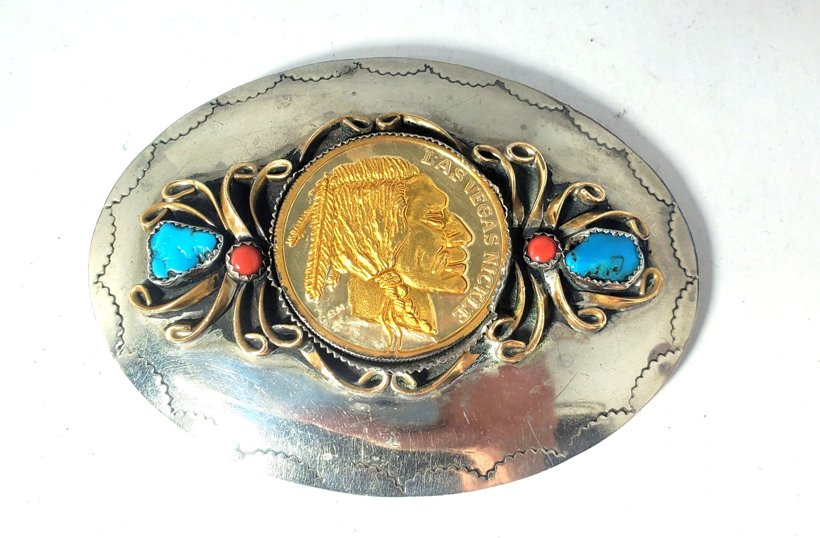 Vintage Western Turquoise & Coral W 1 OZT Buffalo Round Silver Belt Buckle Lot